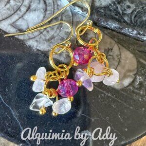 Gold  chandelier cluster pink quartz earrings/statement